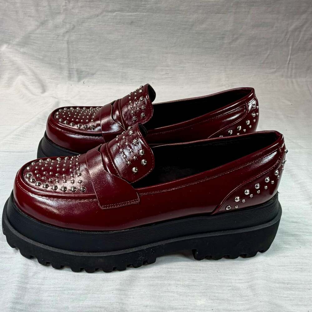 Feetquake Burgundy Studded Chunky Platform Loafers - Picture 6 of 8